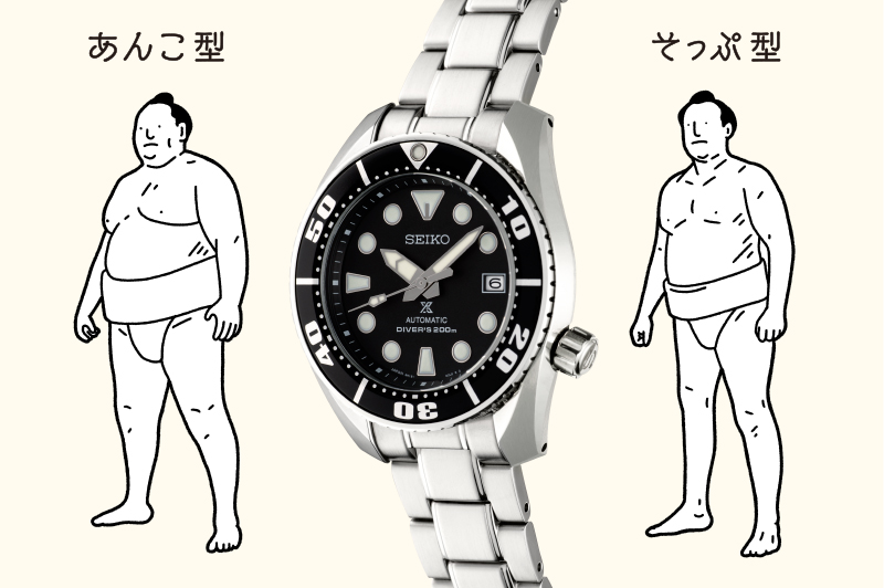 あんこ型の力士とそっぷ型の力士のイラストと、「SUMO」の斜めからの写真