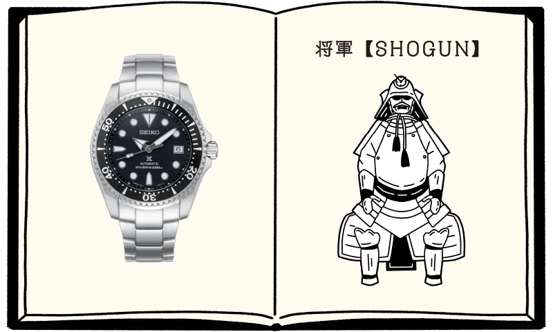 Front view of Shogun watch and illustration of the armor of the Shogun, the title of a military dictator in feudal Japan