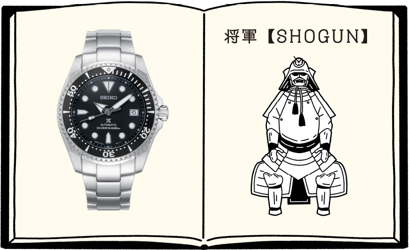 Front view of Shogun watch and illustration of the armor of the Shogun, the title of a military dictator in feudal Japan