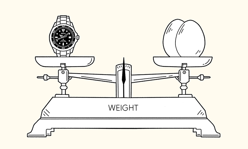 Illustration of Shogun watch and two eggs on the left and right sides of a scale balance