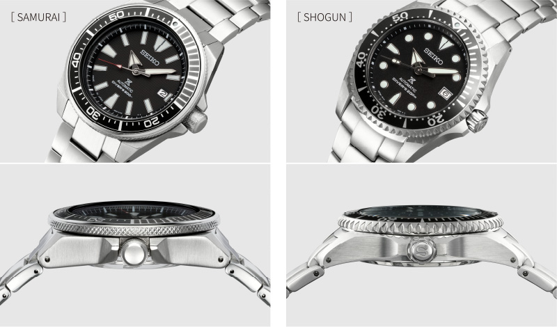 Comparison of Sumo and Shogun watches viewed from diagonally above and from the crown side