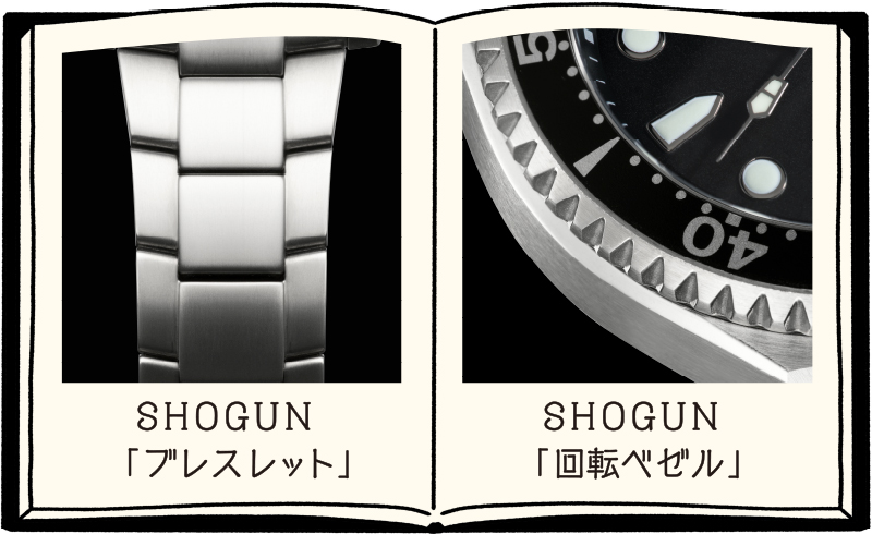 「SHOGUN」のブレスレットと回転ベゼルの拡大写真