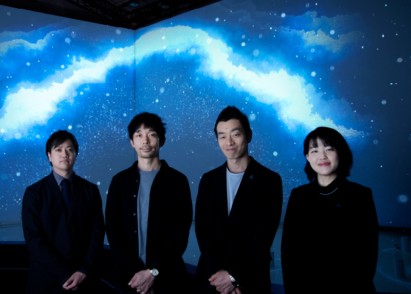 The four creators and designers standing in front of the FLUX installation. Yoshida, we+ (Hokuto Ando and Toshiya Hayashi), Koriyama.