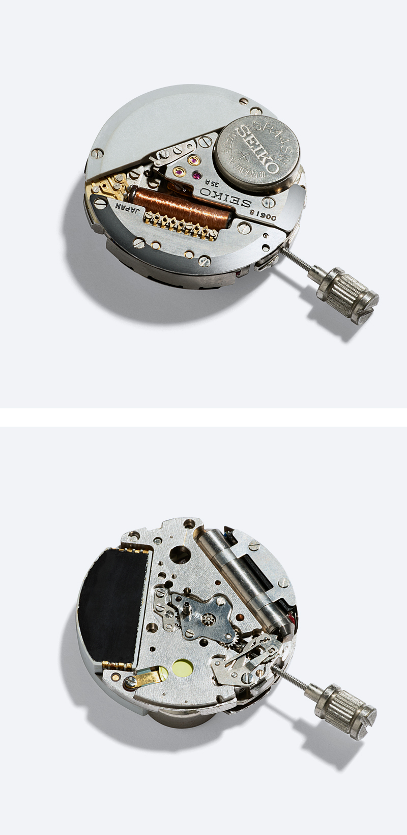 Photos of calibers (front and back) of quartz watches developed by Seiko