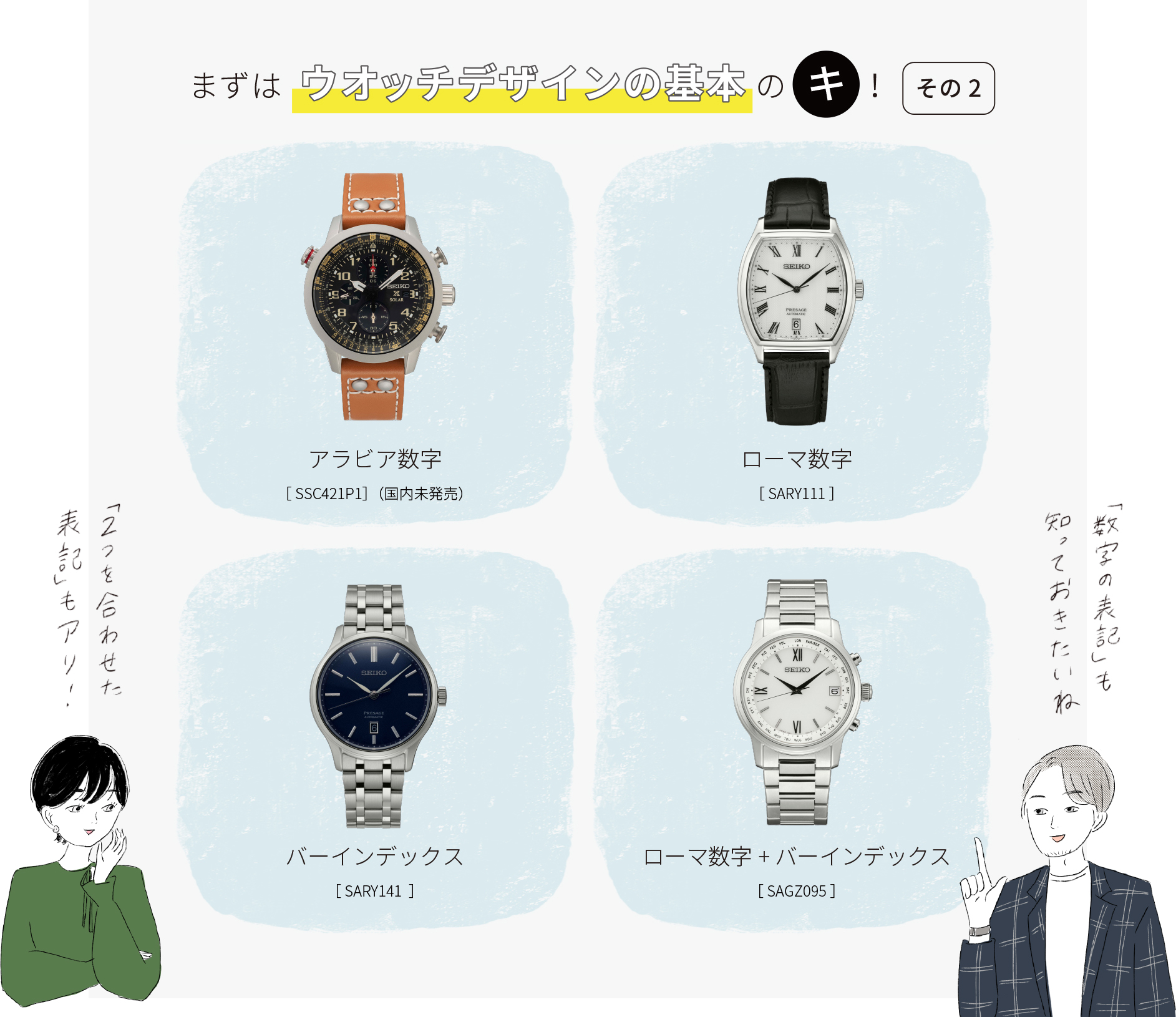 まずはウオッチデザインの基本のキ！その2／「数字の表記」も知っておきたいね／アラビア数字[SSC421P1（日本未発売）]、ローマ数字[SARY111]、バーインデックス[SARY141]、ローマ数字＋バーインデックス[SAGZ095]／「2つを合わせた表記」もあり！