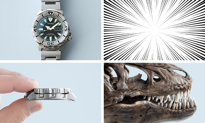 時計の「MONSTER」の正面写真と側面写真／漫画の効果線のイラスト／恐竜の骨と牙の写真