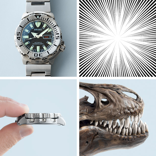 Front and side views of the Monster watch / Illustration of a cartoon concentration lines / Photo of dinosaur bones and fangs