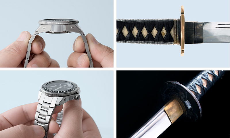 Photos of the 3 o'clock side and 5 o'clock side of the Samurai watch / Photos of the blade, guard, and hilt of a Japanese sword