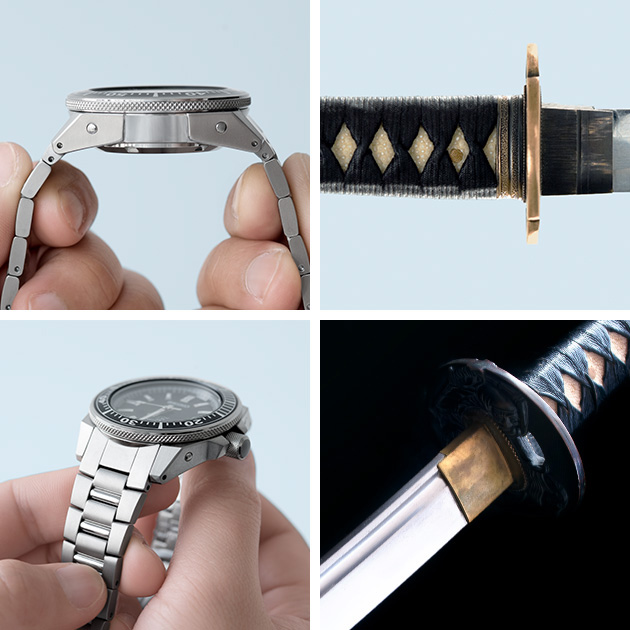 Photos of the 3 o'clock side and 5 o'clock side of the Samurai watch / Photos of the blade, guard, and hilt of a Japanese sword
