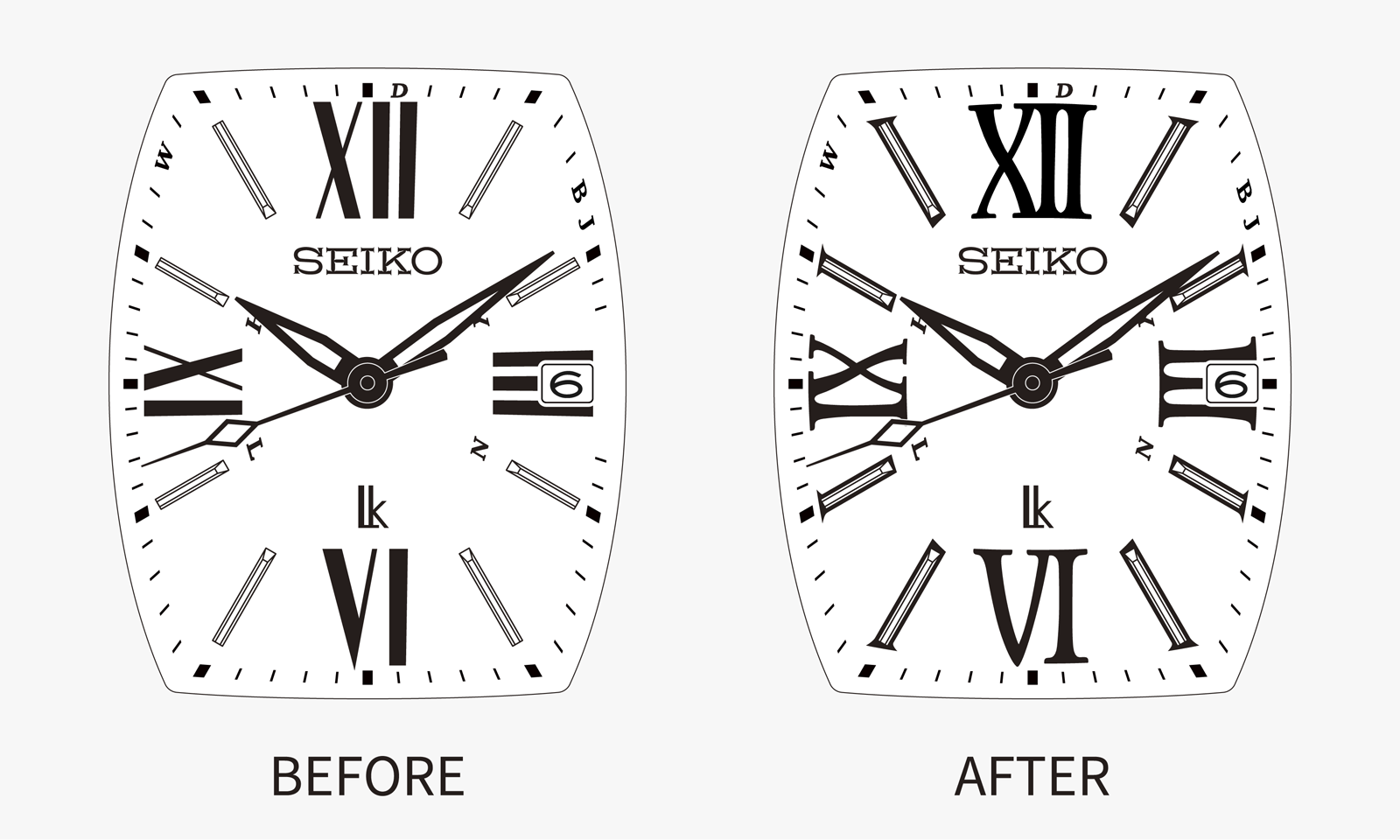 Two comparison images of Roman numerals printed on SSVW030, with and without serifs, before and after