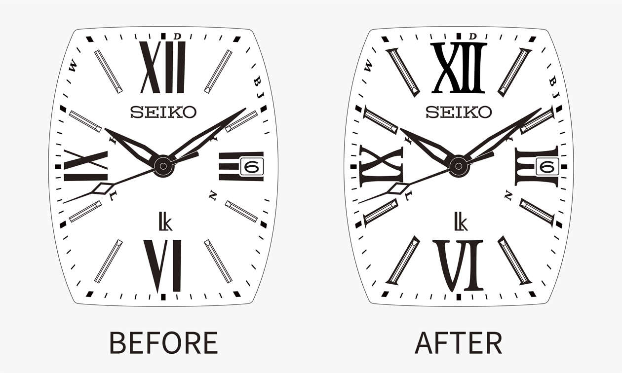 Two comparison images of Roman numerals printed on SSVW030, with and without serifs, before and after