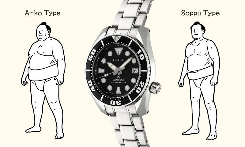 Illustration of sumo wreslers of a muscular soppu type and a weighty anko type, and an oblique view of Sumo watch
