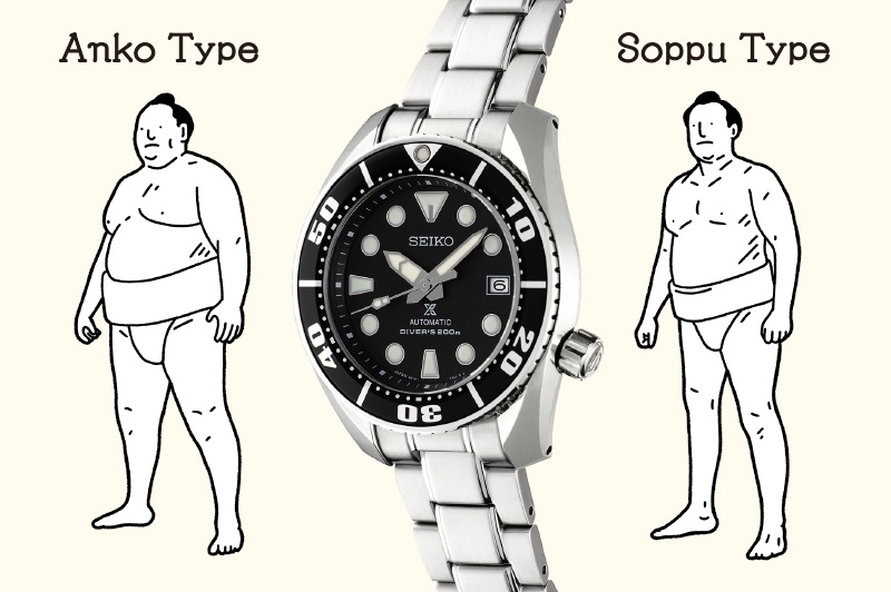 Illustration of sumo wreslers of a muscular soppu type and a weighty anko type, and an oblique view of Sumo watch