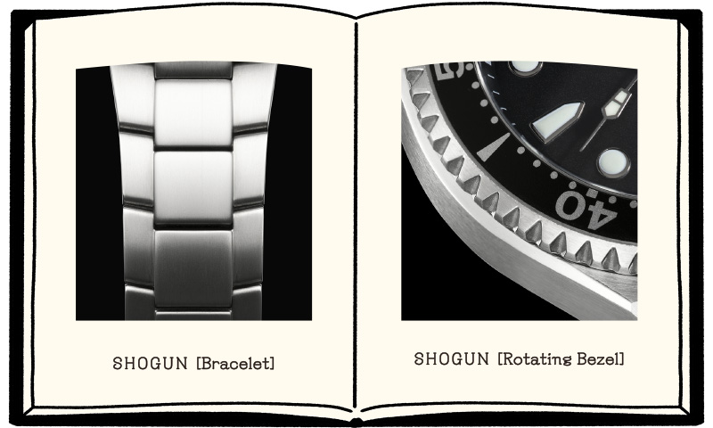Enlarged view of the bracelet and rotating bezel of Shogun watch