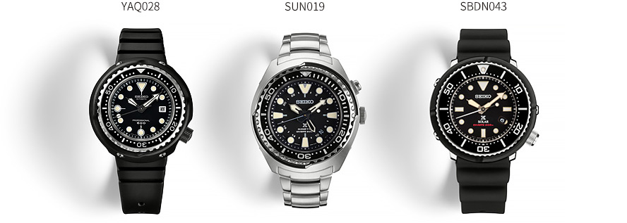Photo of the three diver's watches: YAQ028, SUN019, SBDN043