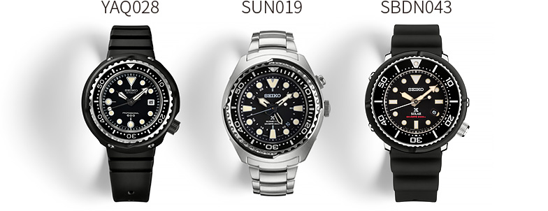 Photo of the three diver's watches: YAQ028, SUN019, SBDN043
