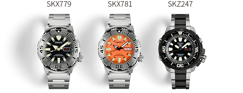 Photo of the Black Monster SKX779, the Orange Monster SKX781, and the Frankenstein Monster SKZ247