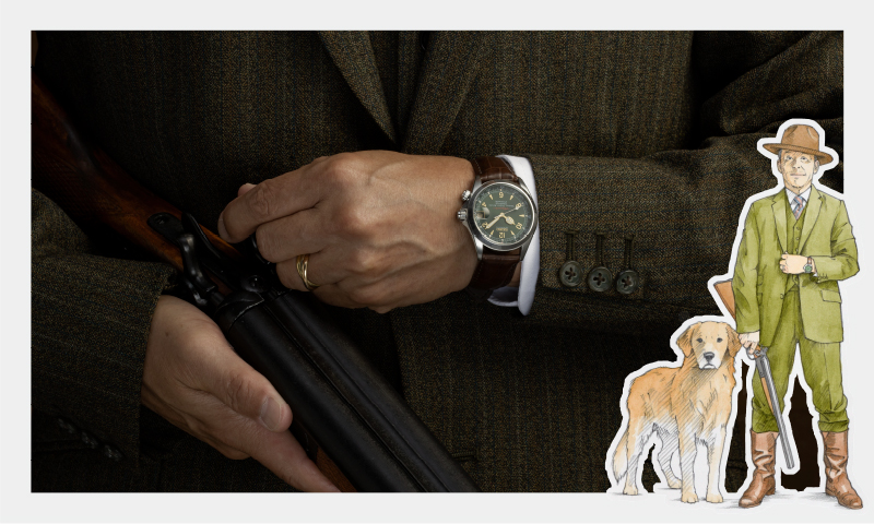 Photo of a wrist wearing the Sakai Alpinist in hunting attire