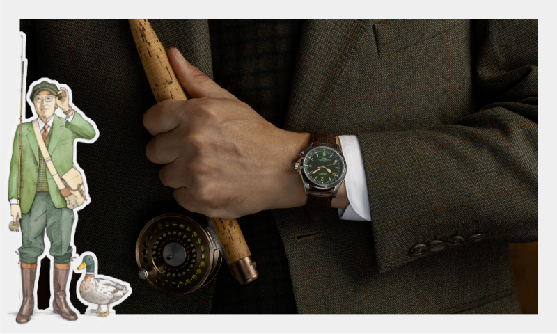 Photo of a wrist wearing the Kuzuya Alpinist in fly-fishing attire