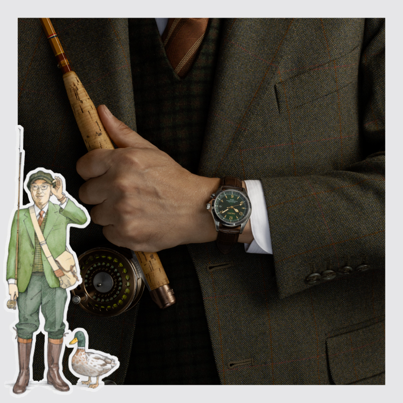 Photo of a wrist wearing the Kuzuya Alpinist in fly-fishing attire