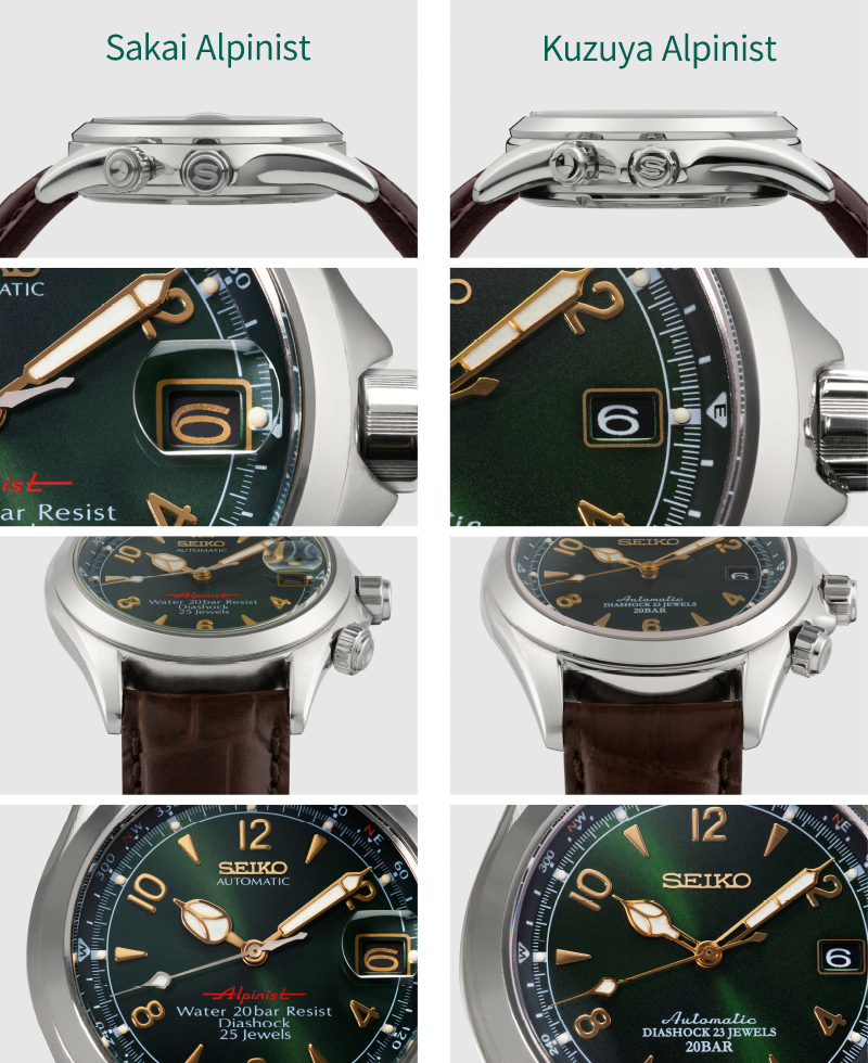 Comparison of the Sakai and Kuzuya Alpinist watches. Photos of the side view, enlargement of the calendar, the end piece for attaching the strap, and the dial.