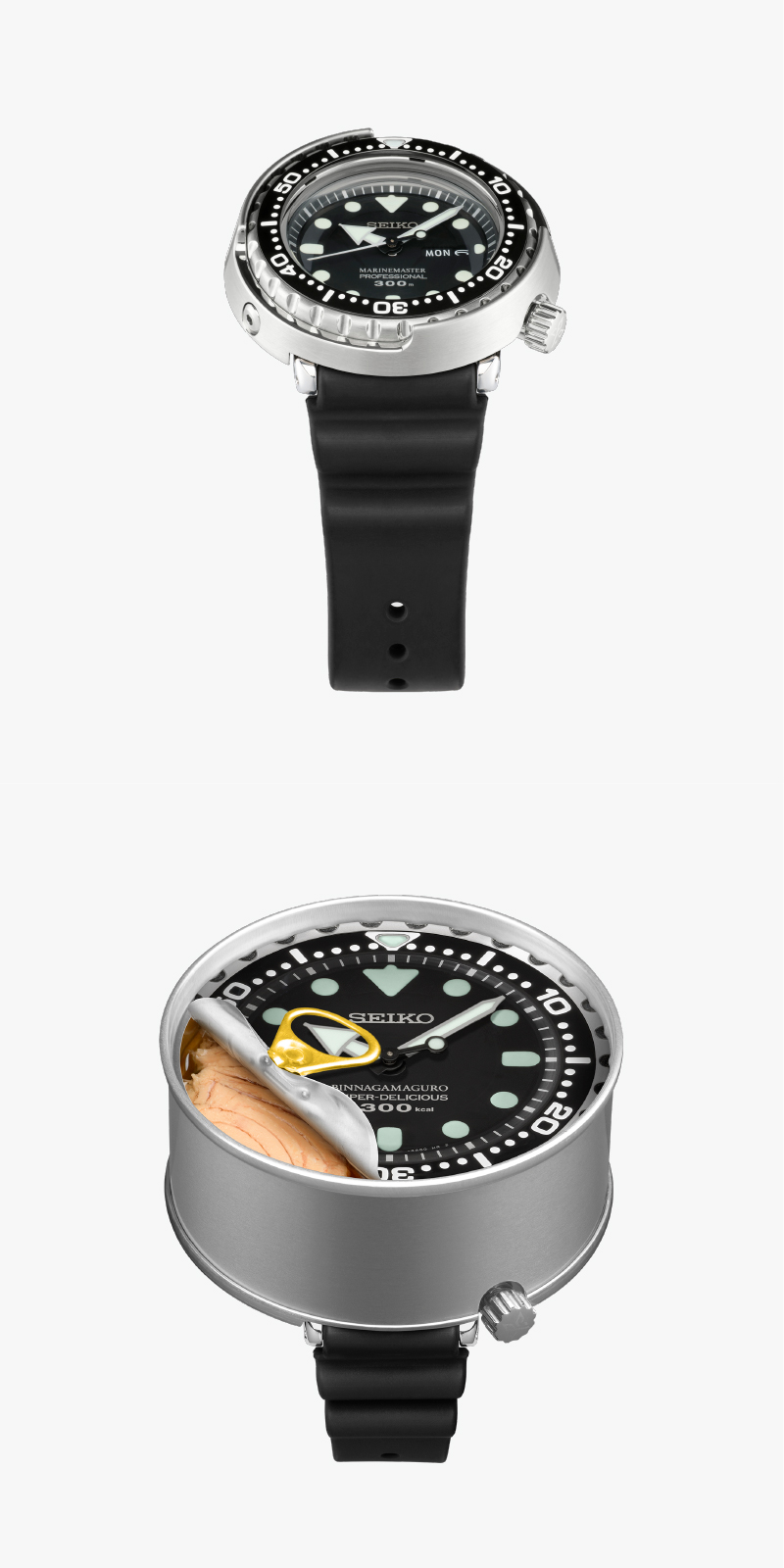 Photo of Tuna Can watch and the fictional Tuna Can diver's watch