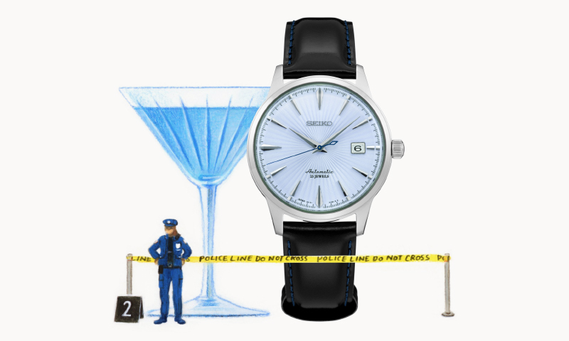 Front view of SARB065, the first cocktail-inspired watch, and illustration of blue cocktail