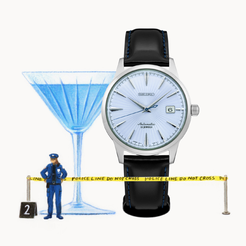 Front view of SARB065, the first cocktail-inspired watch, and illustration of blue cocktail