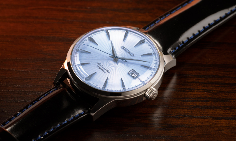 Photo of SARB065, the first cocktail-inspired watch, viewed from diagonally above