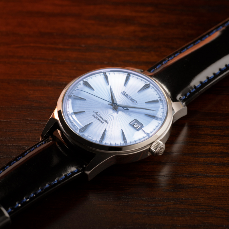 Photo of SARB065, the first cocktail-inspired watch, viewed from diagonally above