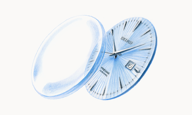 Illustration of the dial with the radiating pattern and the box-shaped crystal