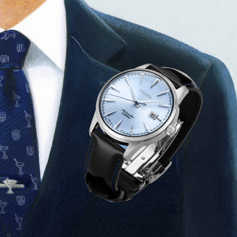 Photo of SARB065, the first cocktail-inspired watch, and a suit