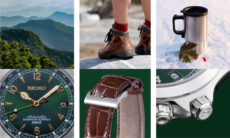 Photos of outdoor images. Mountains, climbing shoes, a stainless steel cup, and the green Alpinist.