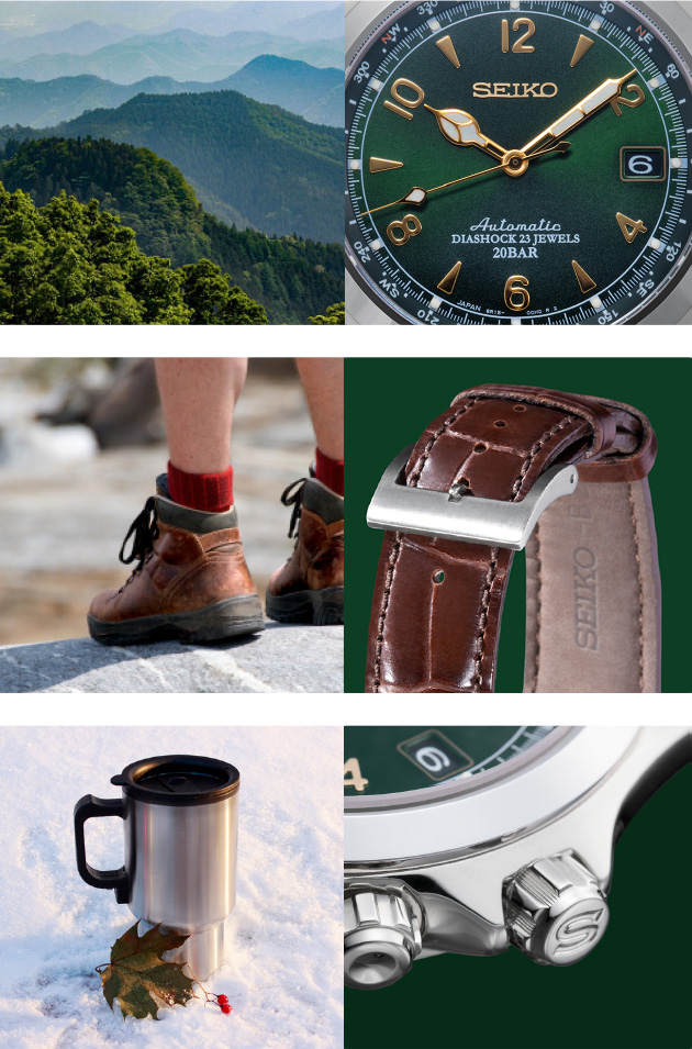 Photos of outdoor images. Mountains, climbing shoes, a stainless steel cup, and the green Alpinist.