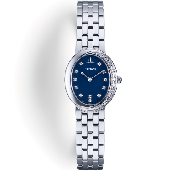 Front view of the Credor GSWE857, dark blue dial and silver bracelet