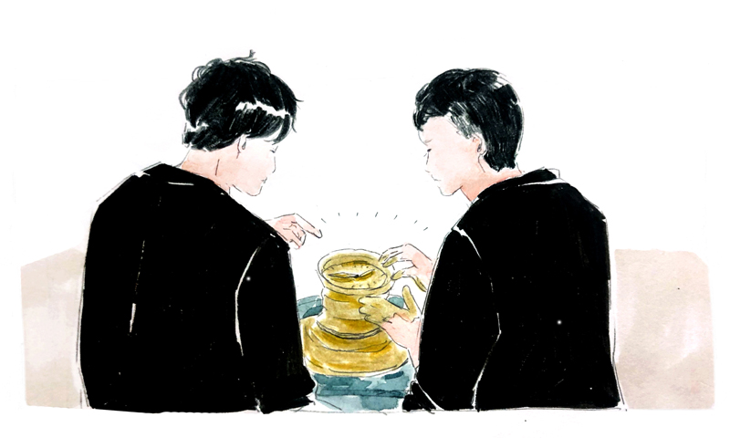 Illustration of Mr. Ando and Mr. Hayashi working on ceramics