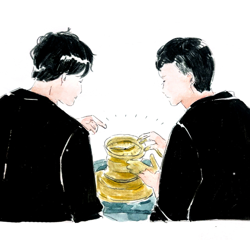 Illustration of Mr. Ando and Mr. Hayashi working on ceramics