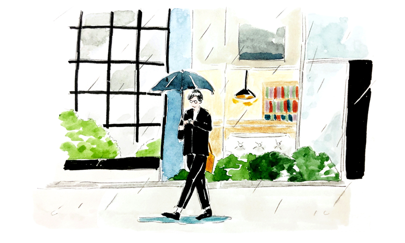 Illustration of Mr. Yoshiizumi holding an umbrella in the rain