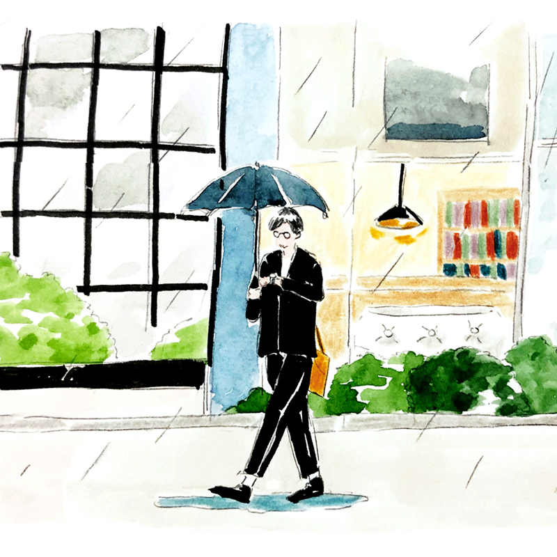 Illustration of Mr. Yoshiizumi holding an umbrella in the rain