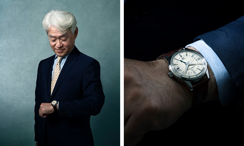 Photo of Kosugi wearing SBGM221 and enlarged photo of his wrist