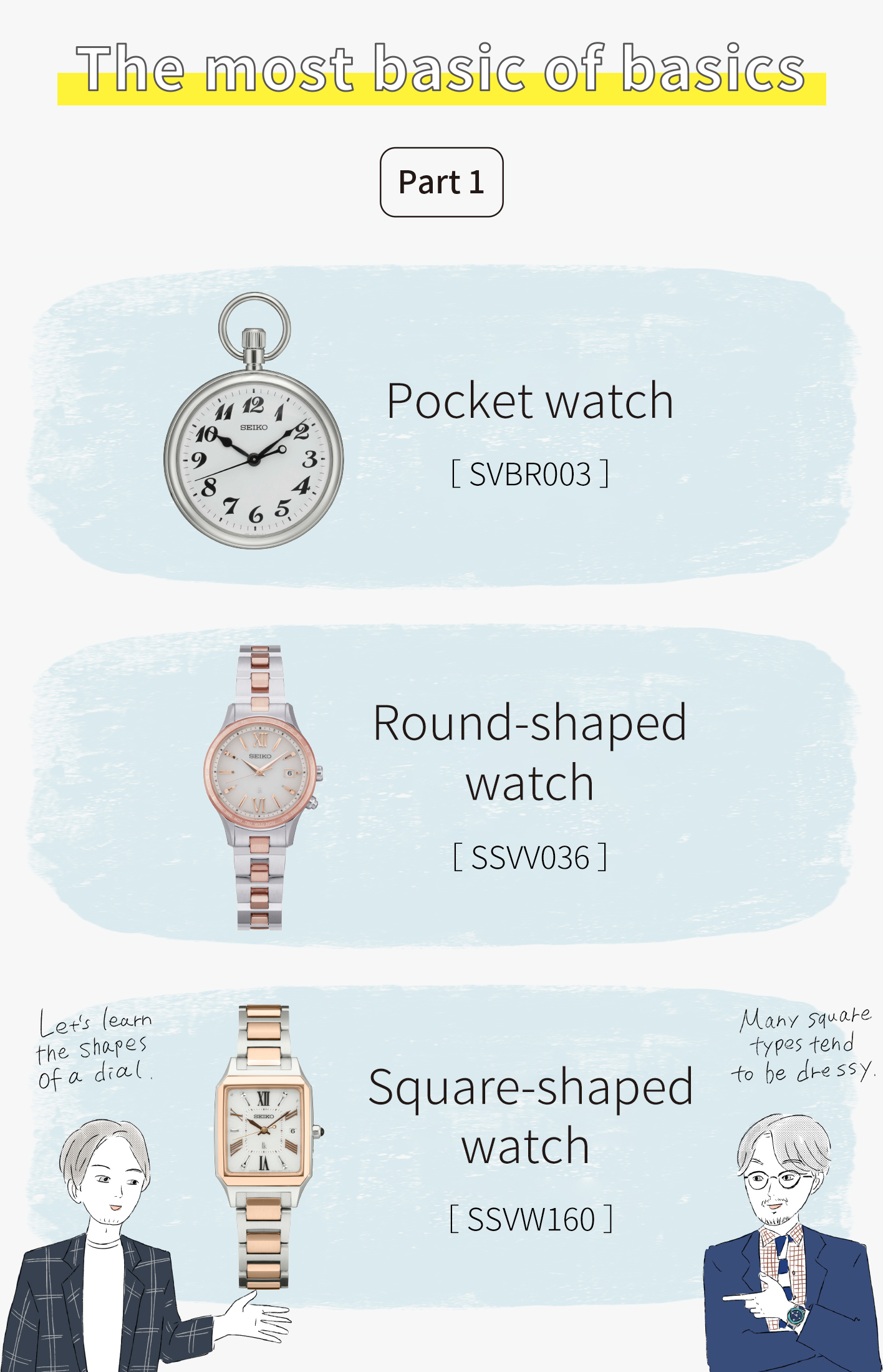 The most basic of basics: Part 1 / Let’s learn the shapes of a dial. / Many square types tend to be dressy. / Pocket watch [SVBR003], Round-shaped watch [SSVV036], Square-shaped watch [SSVW160]