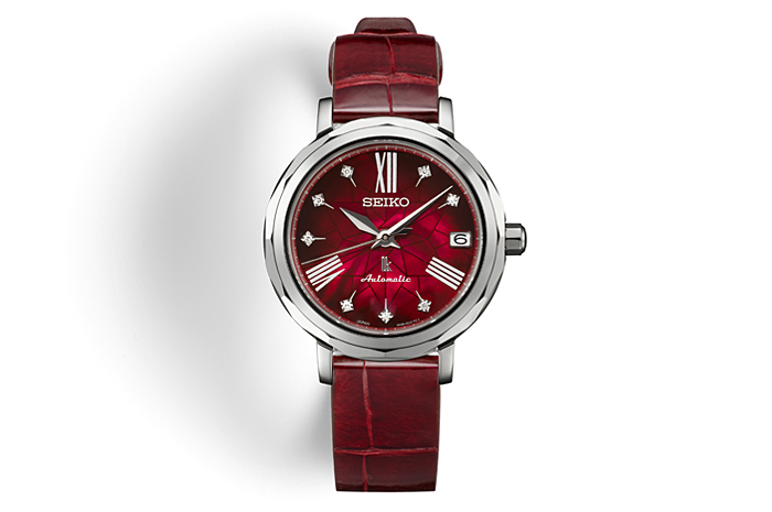 Front view of the 2020 Kurenai (SSVJ001) with a round dial and red crocodile strap