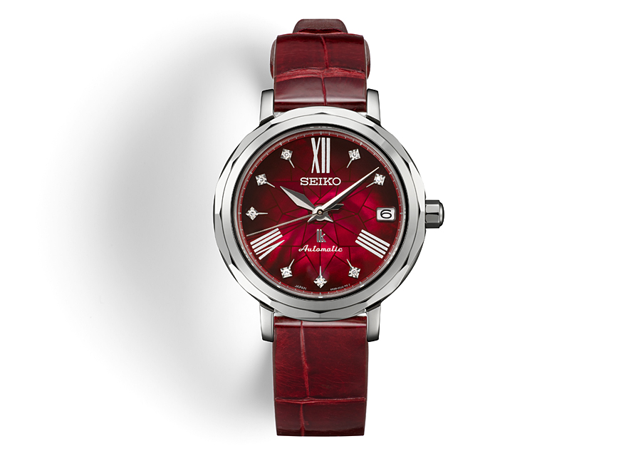 Front view of the 2020 Kurenai (SSVJ001) with a round dial and red crocodile strap