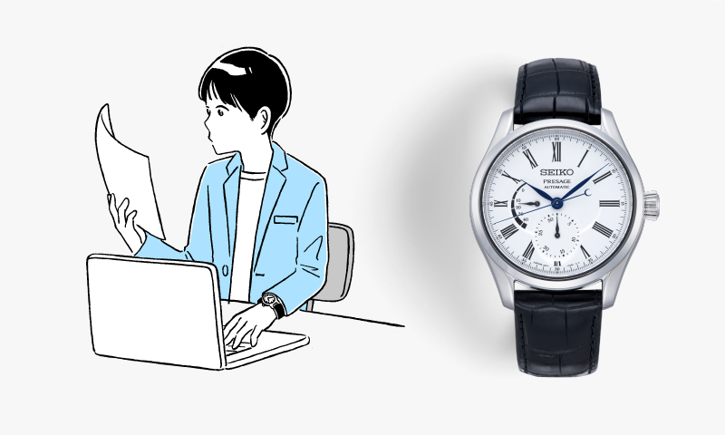 Illustration of a man in business casual wear and a photo of Presage with a white enamel dial SARW035. White enamel dial, crocodile strap.