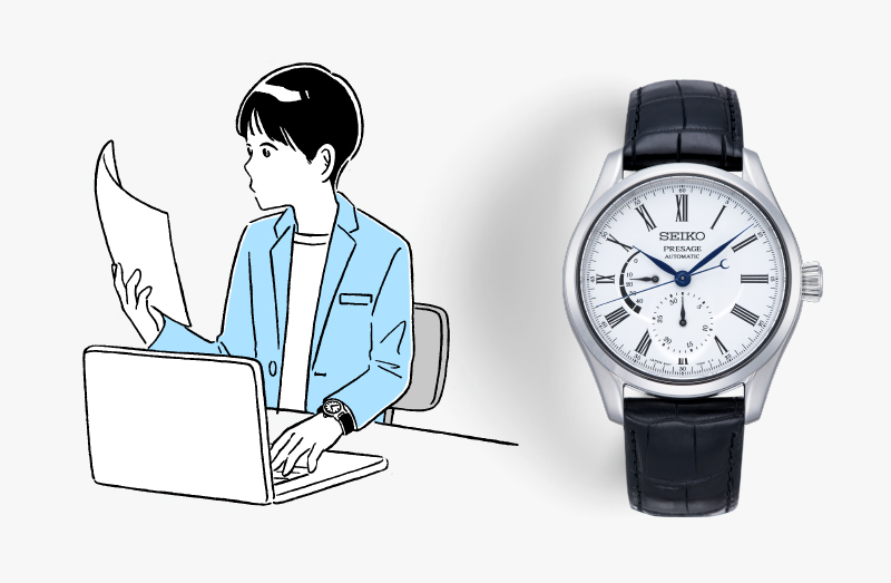 Illustration of a man in business casual wear and a photo of Presage with a white enamel dial SARW035. White enamel dial, crocodile strap.