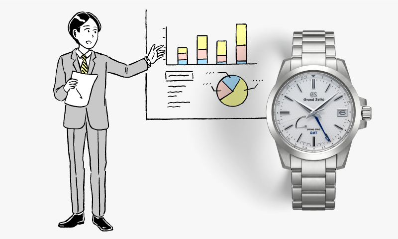 Illustration of a man in a suit and a photo of a Grand Seiko SBGE209. White dial, metal bracelet.