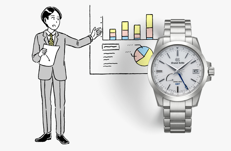 Illustration of a man in a suit and a photo of a Grand Seiko SBGE209. White dial, metal bracelet.