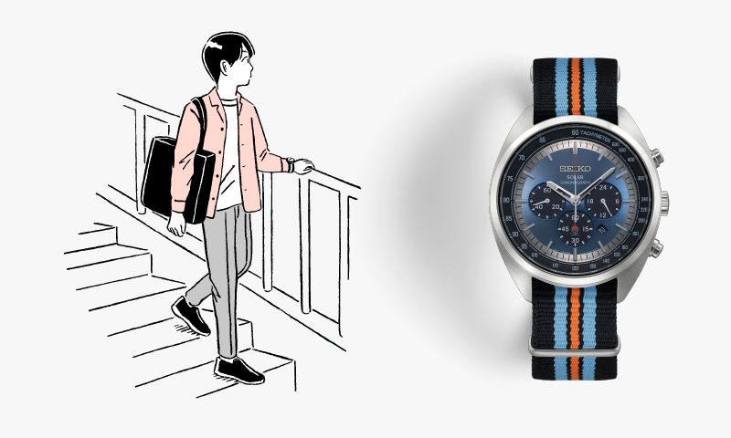 Illustration of a man in casual clothing and a photo of SSC667P9. Colorful nylon band with blue dial.