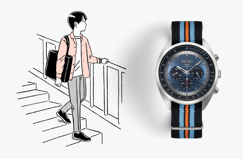 Illustration of a man in casual clothing and a photo of SSC667P9. Colorful nylon band with blue dial.