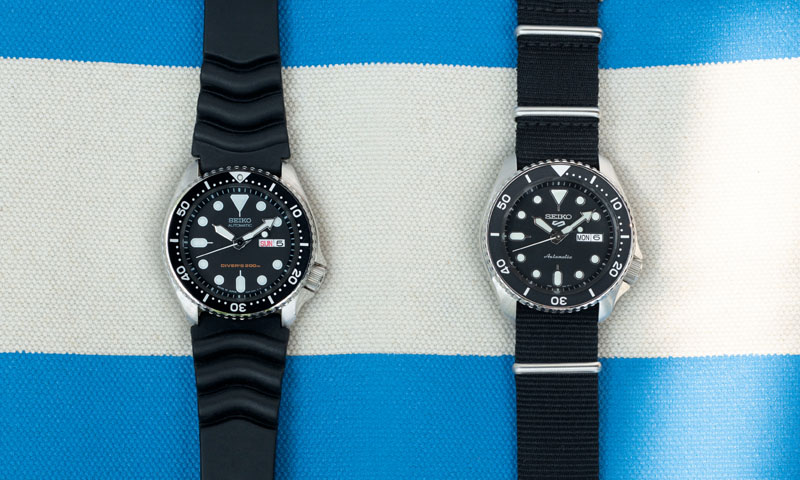 Photo of the SKX diver's watch and the new Seiko 5 Sports (SRPD55K3)